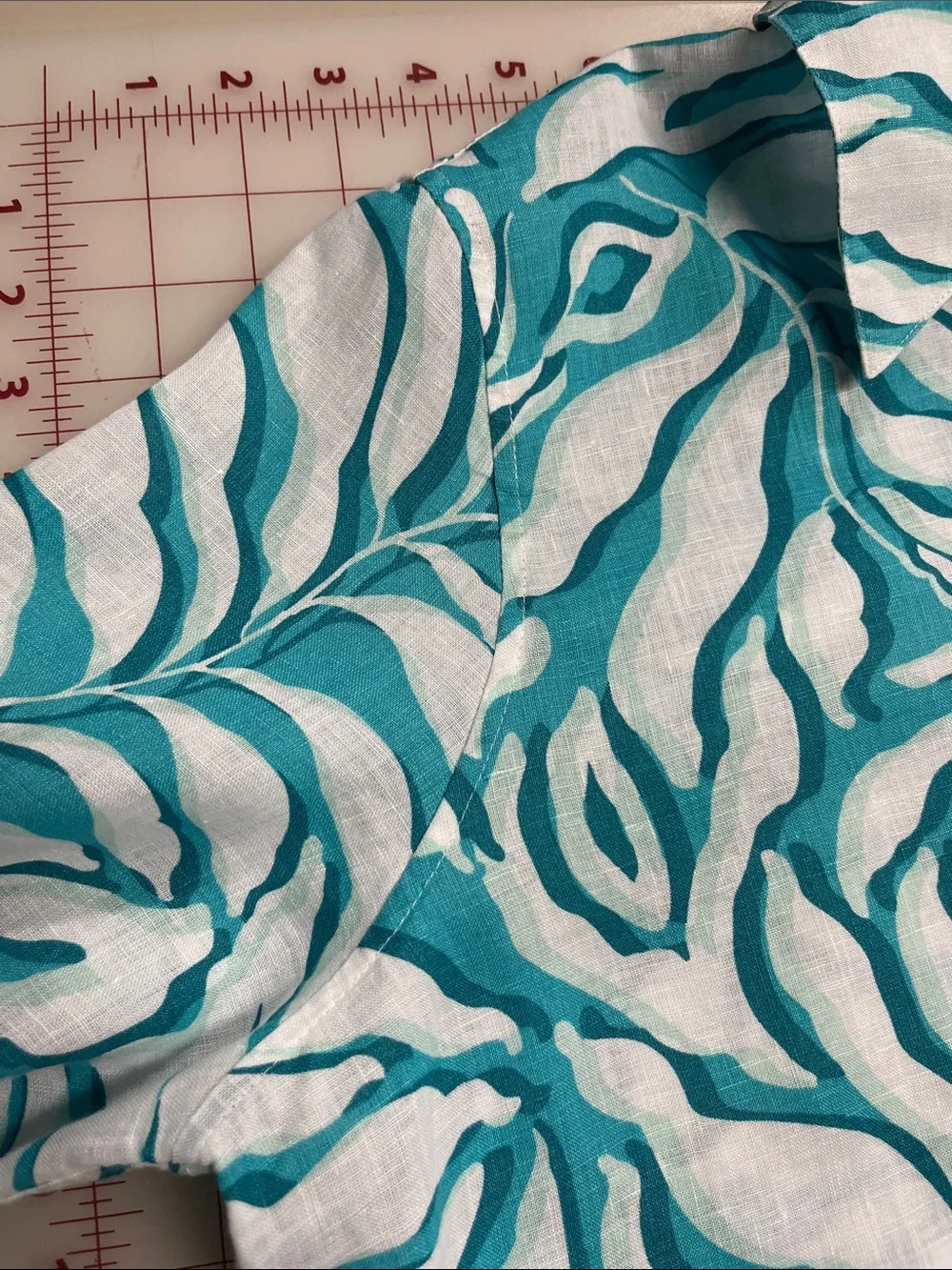 CHICO'S Palm Beach Cruise 100% Linen Teal/White Button-Up 3/4 SLV Palm Blouse 14